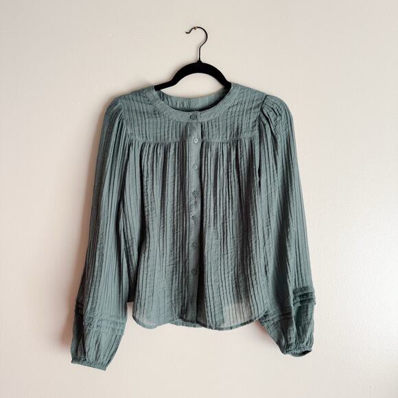 Loft Green Crinkle Button Up Peasant Blouse - XS - Picture 9 of 10